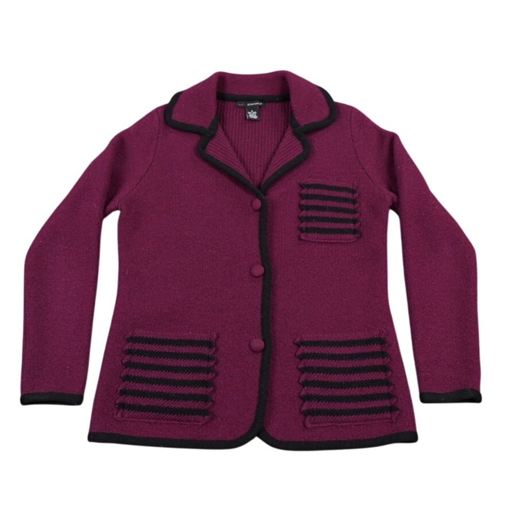 Giannetti Cardigan Sweater Women S Purple Wool Black Trim Button Blazer Jacket